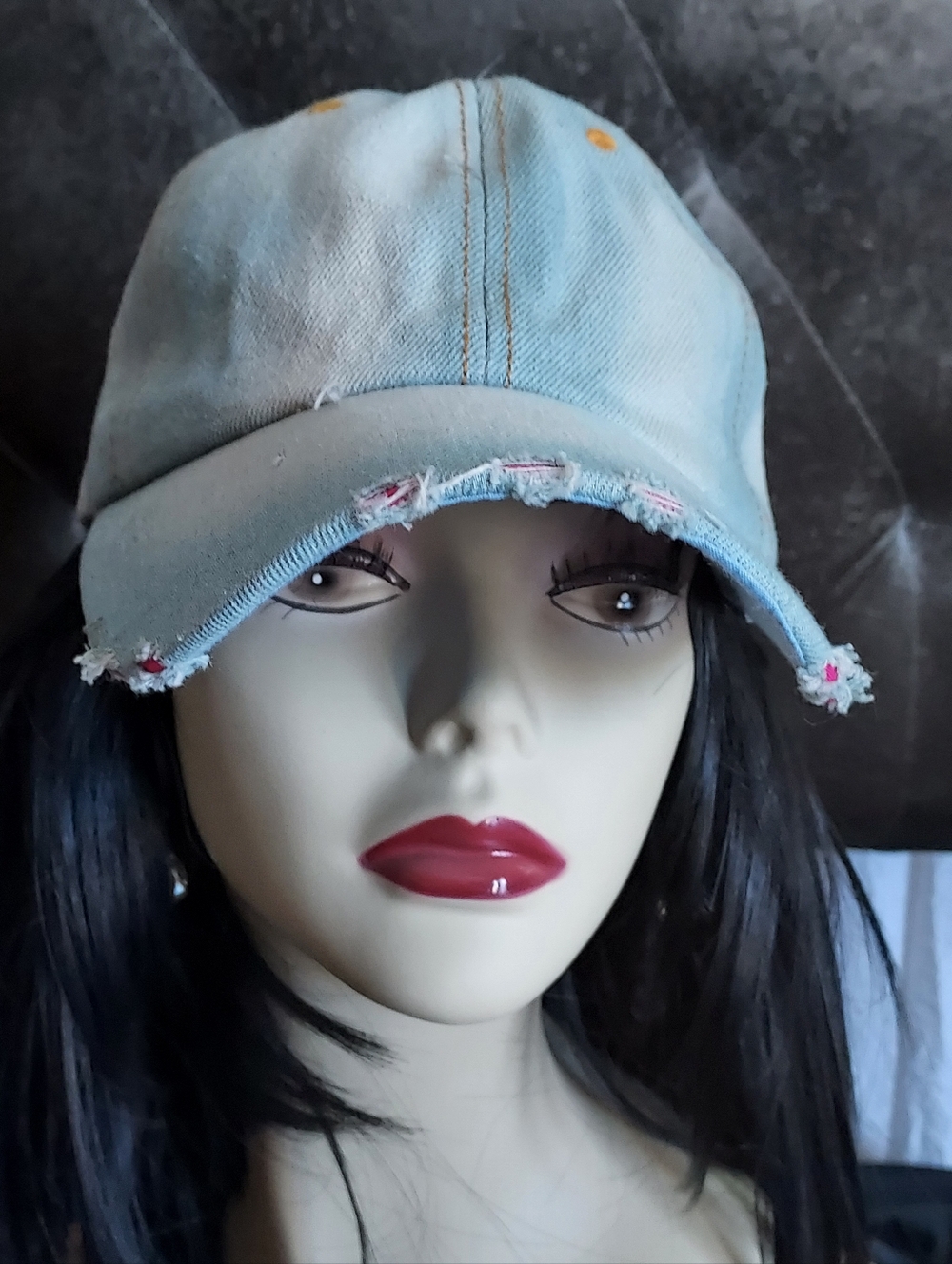 Distressed Light Blue Denim Baseball Cap - Women's Accessory